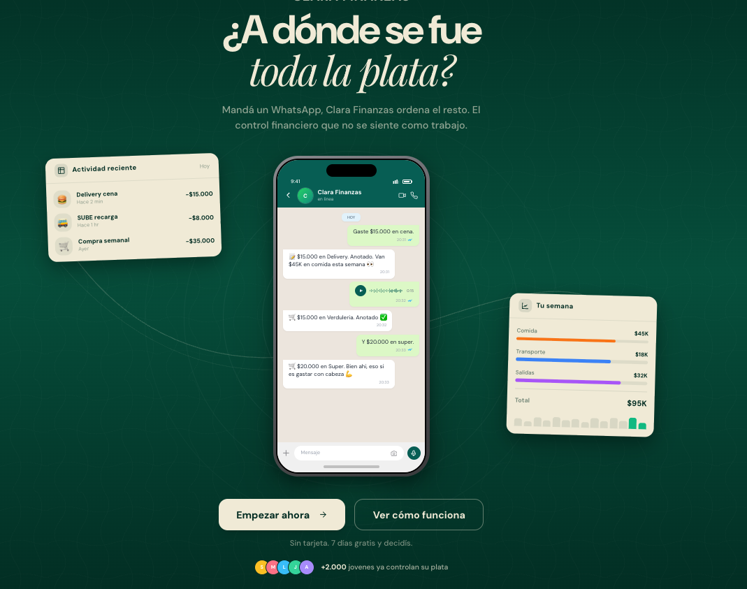 Landing de Clara: «¿A dónde se fue toda la plata?» con el chat de WhatsApp registrando gastos