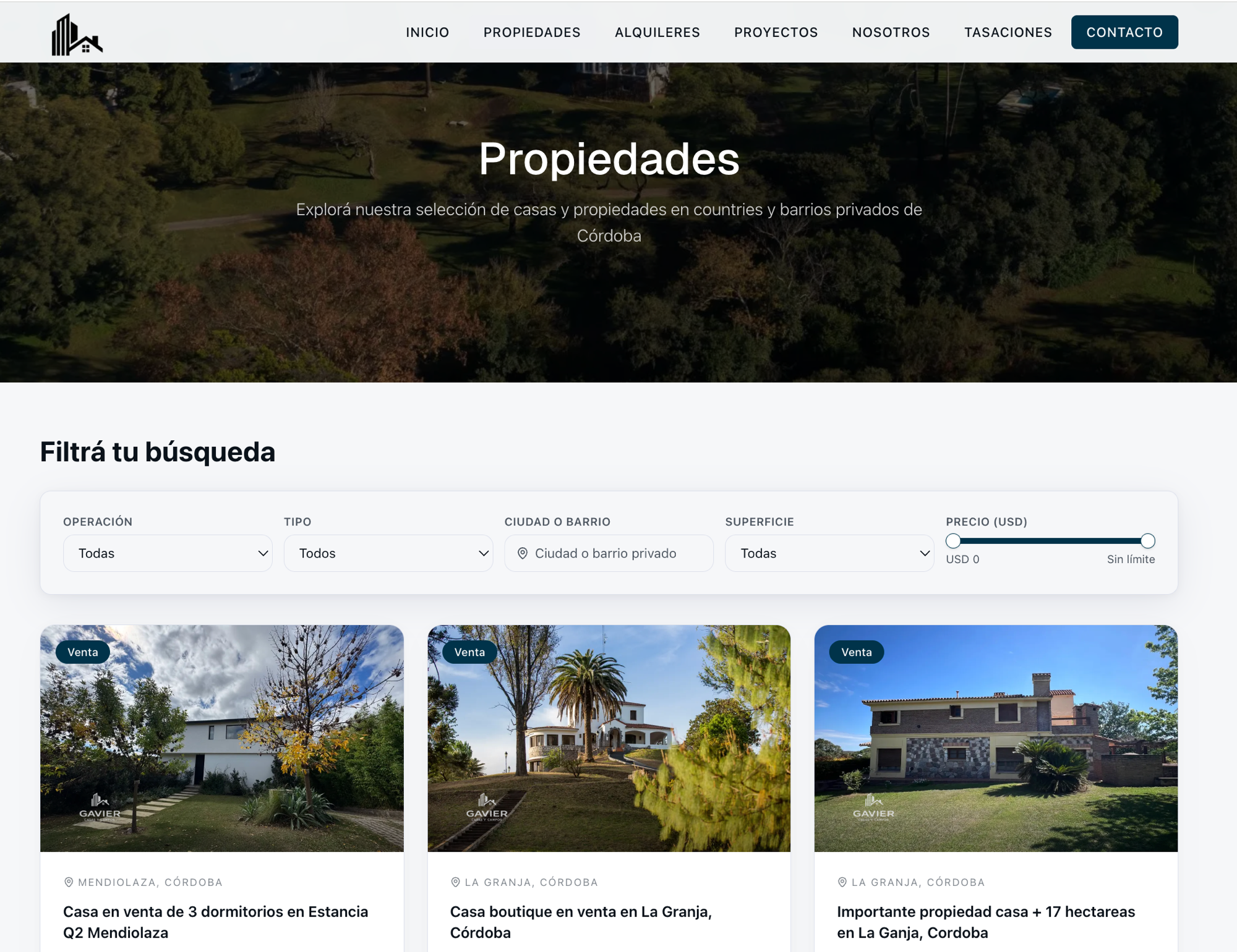 Portal inmobiliario: buscador de propiedades en countries y barrios privados de Córdoba con filtros y fichas